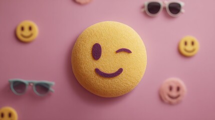 A playful winking smiley face on a pink background