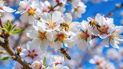 Fototapeta premium Almond Tree in Full Bloom with Bees , almonds, tree, almonds, tree, bee