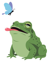 Frog with Its Tongue Out Trying to Catch a Butterfly in a Playful and Colorful Scene