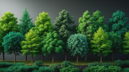 High-quality transparent clip of tree line with green foliage and shrubs in summer