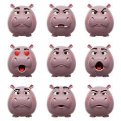 Cartoon hippopotamus faces with expressions isolated on transparent background