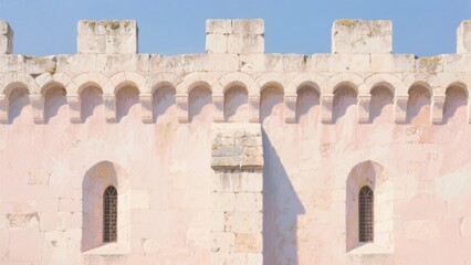 Fototapeta premium Pink Fortified Wall with Battlements and Arched Windows