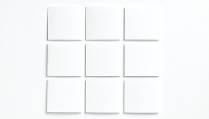 Nine blank squares arranged in a grid on a white background, creating a minimalistic and clean aesthetic, suitable for various creative projects