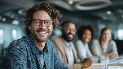 Obraz premium A cheerful group of diverse professionals sitting together in a modern office, smiling and engaged during a meeting or collaborative session.