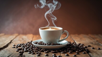 Mug of steaming fragrant coffee with roasted beans on a wooden surface set against a brown backdrop