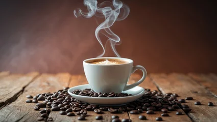 Fotobehang Mug of steaming fragrant coffee with roasted beans on a wooden surface set against a brown backdrop © AImmersive Imagery