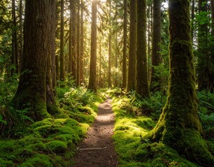 Fototapeta premium Sunlight filtering Dense Forest through tall trees