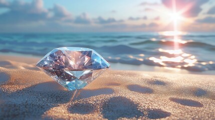Sparkling diamond resting on a sandy beach.