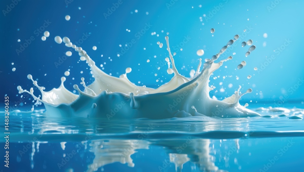 Poster splashes of milk in a milk pool with a blue backdrop.