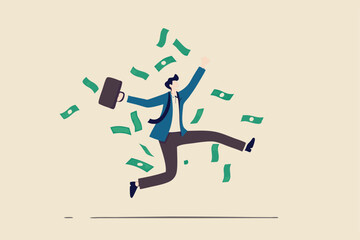 Success businessman achieve financial freedom, happy millionaire with plenty of money and wealth, income or salary increase or career opportunity concept, happy businessman jump high with money rain.