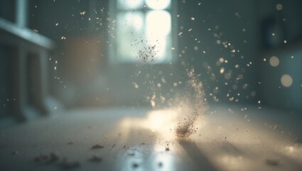 Macro view of dust and pollen particles in the sunlight with an industrial bokeh backdrop