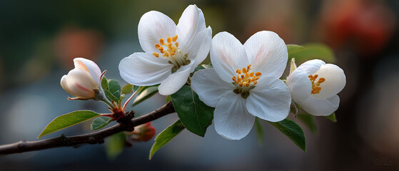 Fototapeta premium Pristine apple blossoms on a slender branch