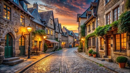 Fototapeta premium Ancient cobblestone street lined with medieval stone buildings and quaint shops in old town at sunset, medieval architecture, historic building