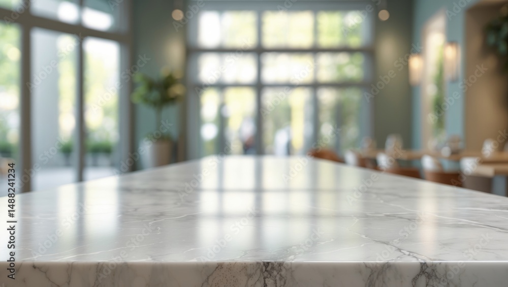 Poster empty white marble stone tabletop with blurred glass window in lobby and hallway mockup abstract bac