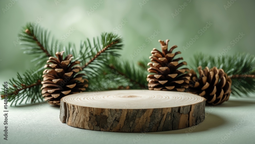 Aufkleber wooden platform featuring spruce branches and cones in the backdrop. concept scene for stage display