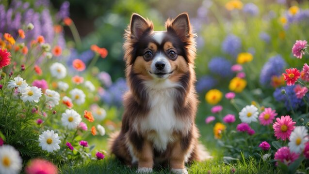 Ellie the German Spitz among the garden flowers.