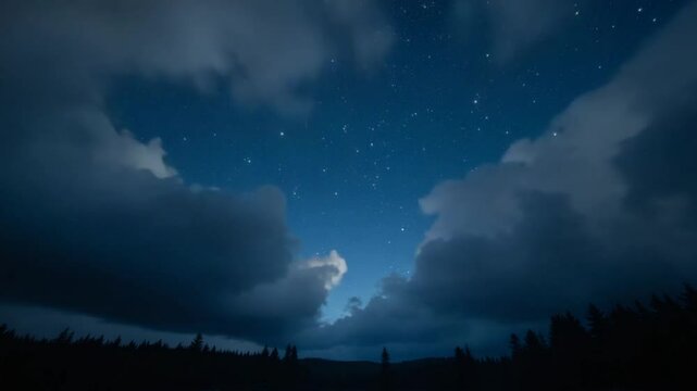 Time lapse of moving clouds and stars and over forest in the night sky. Starry night background. Epic 4K