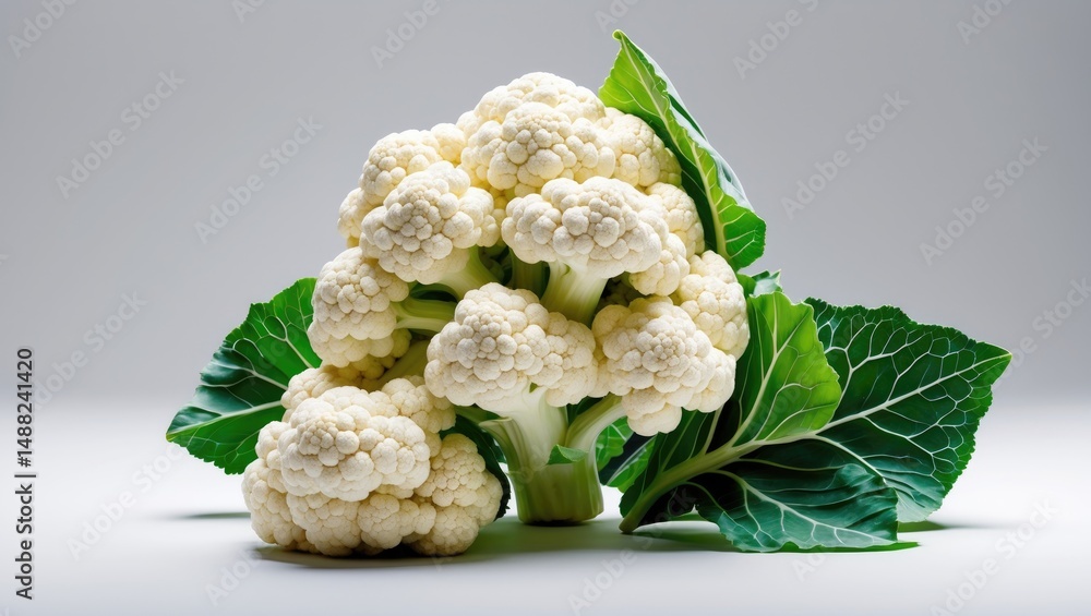 Poster cauliflower piece with leaf isolated on a macro background
