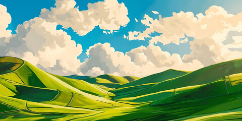 Obraz premium Serene Landscape of Rolling Hills and Clear Blue Sky
