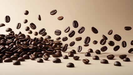 Obraz premium Roasted coffee beans levitating on a background