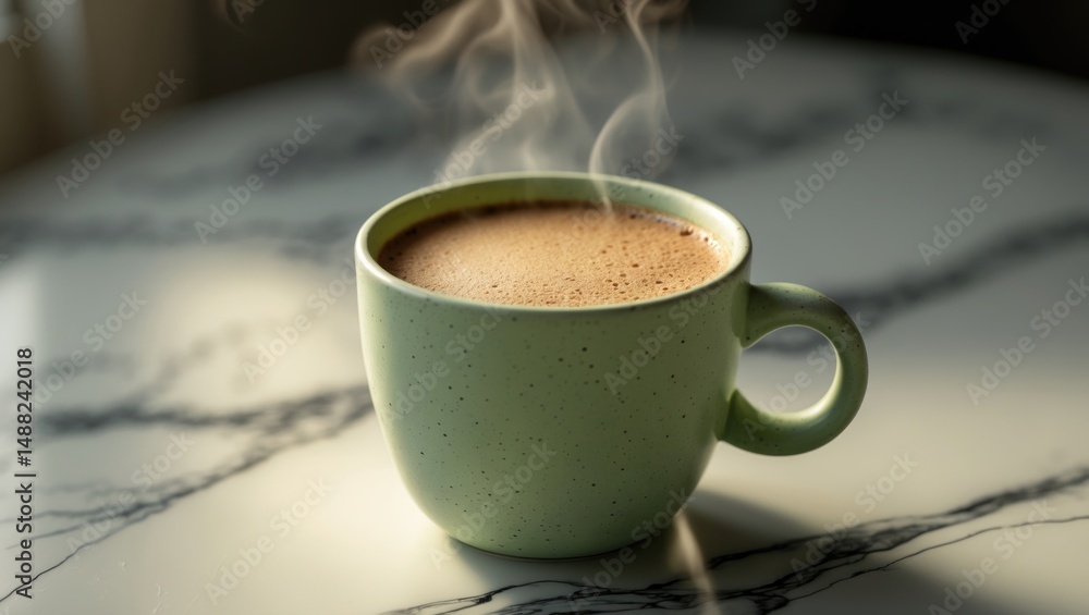 Poster breakfast scene featuring a coffee cup on a white marble surface in a cafe setting