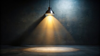 Darkened room with a single bright light source shining down on an object, creating deep shadows and highlighting its textures, dimly lit, spotlight