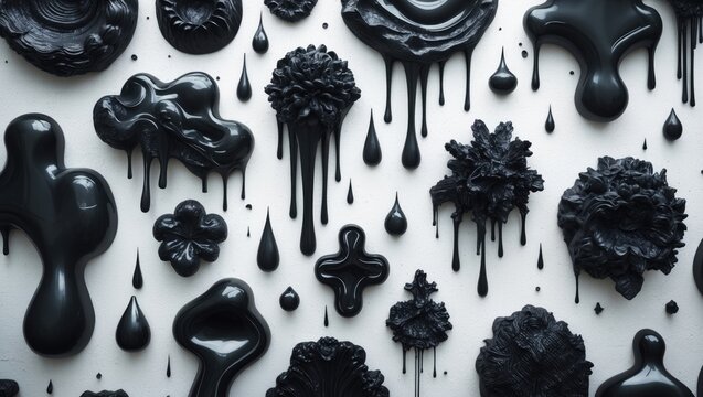 Assortment of black spray paint or graffiti design motifs on the wall setting.