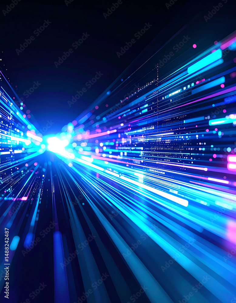 Poster vibrant streams of light in shades of blue and pink create a dynamic visual effect, suggesting speed