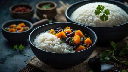 Boiled white rice in a pot