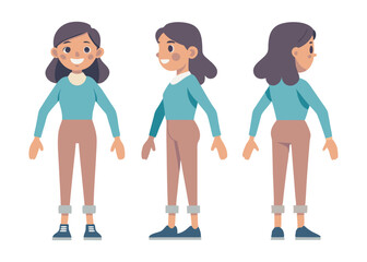 Obraz premium Teenage girl character set. Constructor for animation. Front, side and back view collection. Vector illustration. 