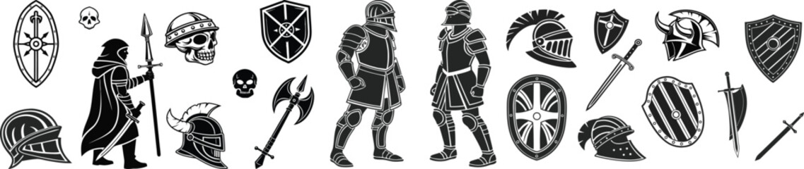 Black silhouette vector set featuring ancient Roman soldiers, medieval helmets, Viking shields, swords, battleaxes, and warrior gear. 