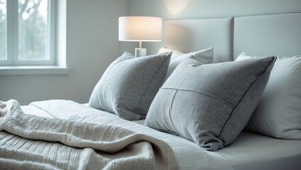 Comfortable bed with light gray cushions in a contemporary interior ambiance