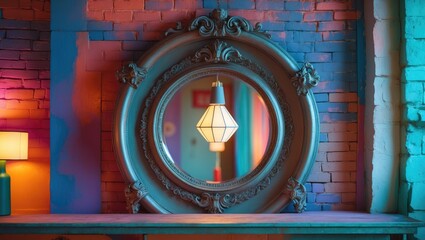Obraz premium Antique elliptical mirror with soft focus in vintage ornate frame alongside modern pendant light from ceiling. Futuristic lampshade and retro mirror set against wall backdrop. Interior design.