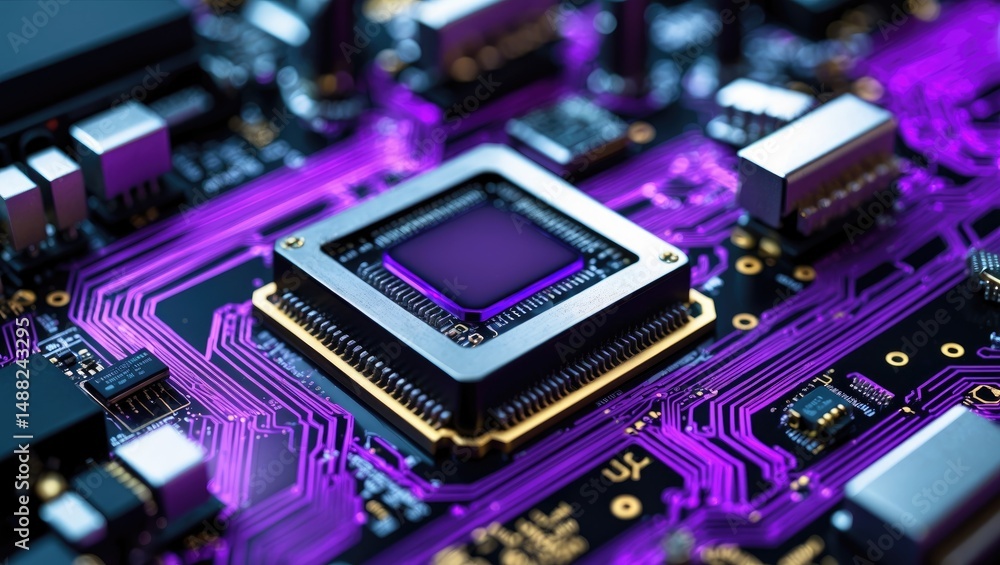 Poster neon purple circuit board print. electronic computing technology. digital chip on motherboard. techn