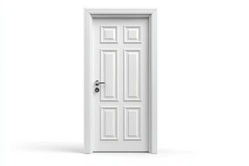 A stylish white wooden door features decorative panels and a modern handle, emphasizing the minimalistic design that enhances any interior space