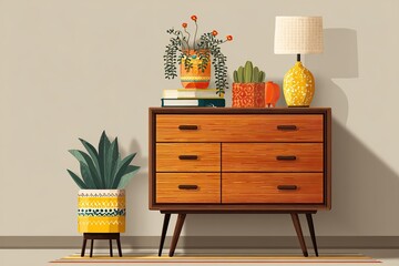A mid-century modern dresser is adorned with vibrant plants, books, and decorative objects in a well-lit room showcasing a stylish interior design