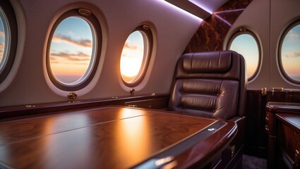 Premium section of a business aircraft featuring sunset through the window