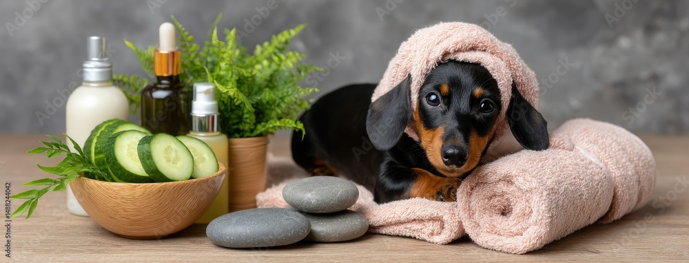 Poster the jack russell terrier is having a delightful relaxation day, lounging with a soft towel and refre