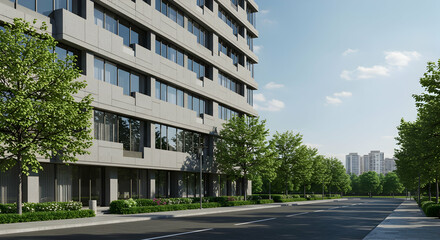 apartment building,  residential building,  modern architecture, Modern apartment building on a tree-lined street