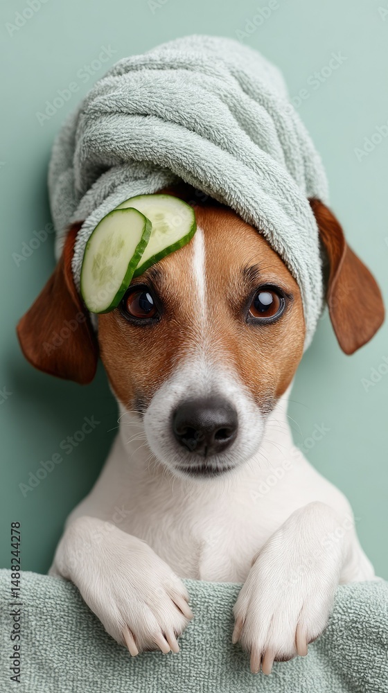Poster The Jack Russell Terrier is having a delightful relaxation day, lounging with a soft towel and refreshing cucumber slices in a cozy, comfortable setting