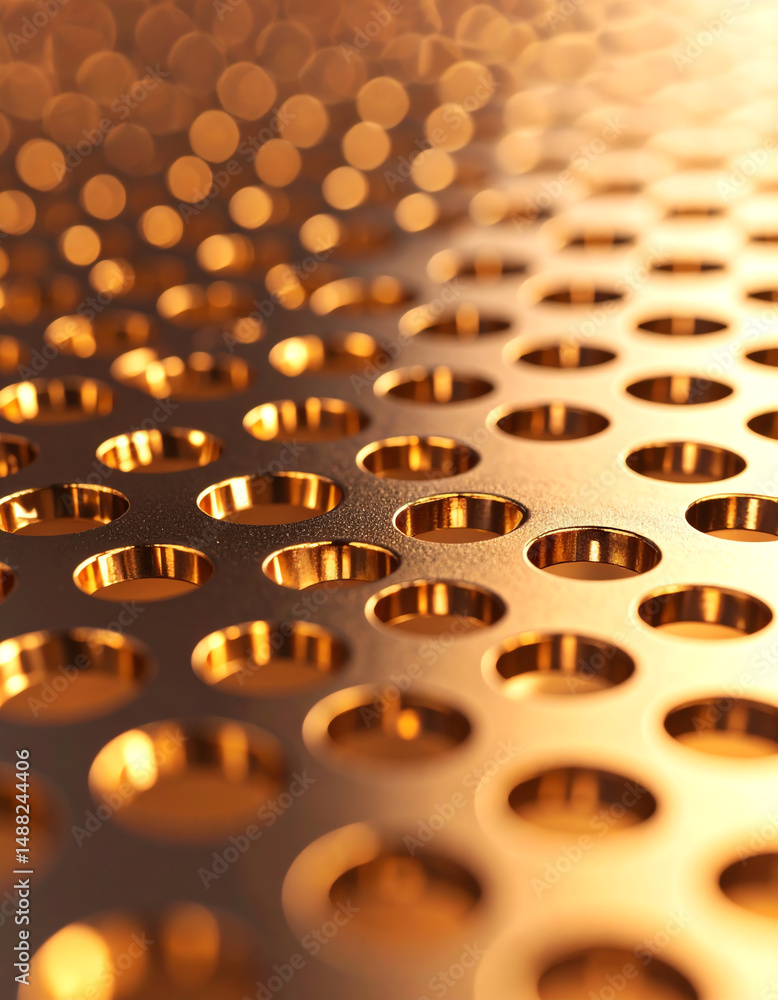 Poster a close-up view of a metallic surface featuring numerous circular holes, with a warm golden hue and 