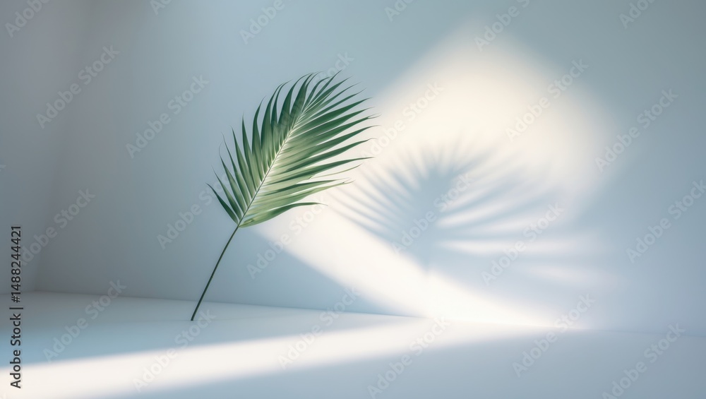 Poster silhouette of a lone palm leaf against a backdrop. blank area for text and copy