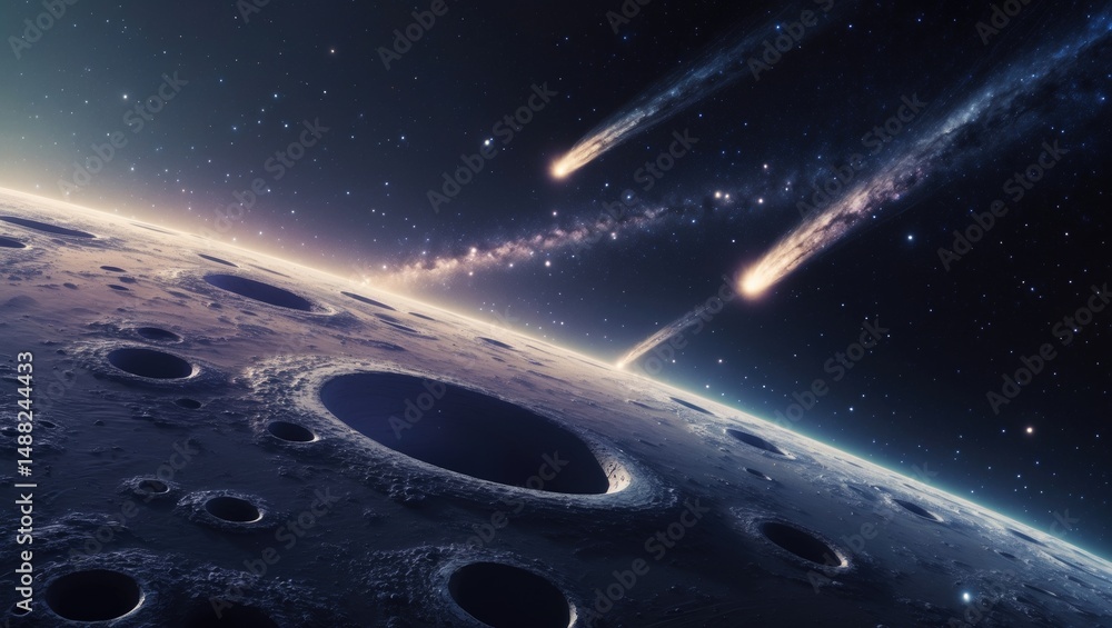 Poster background of space and planets. planetary surface featuring craters, stars, and comets in a dark co