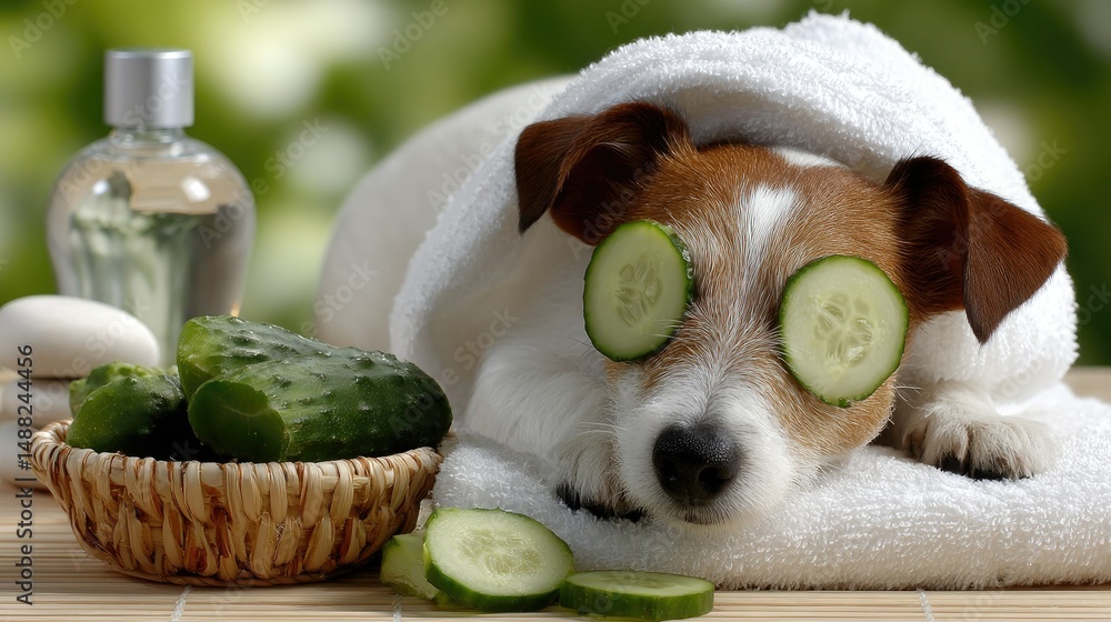 Poster the jack russell terrier is having a delightful relaxation day, lounging with a soft towel and refre