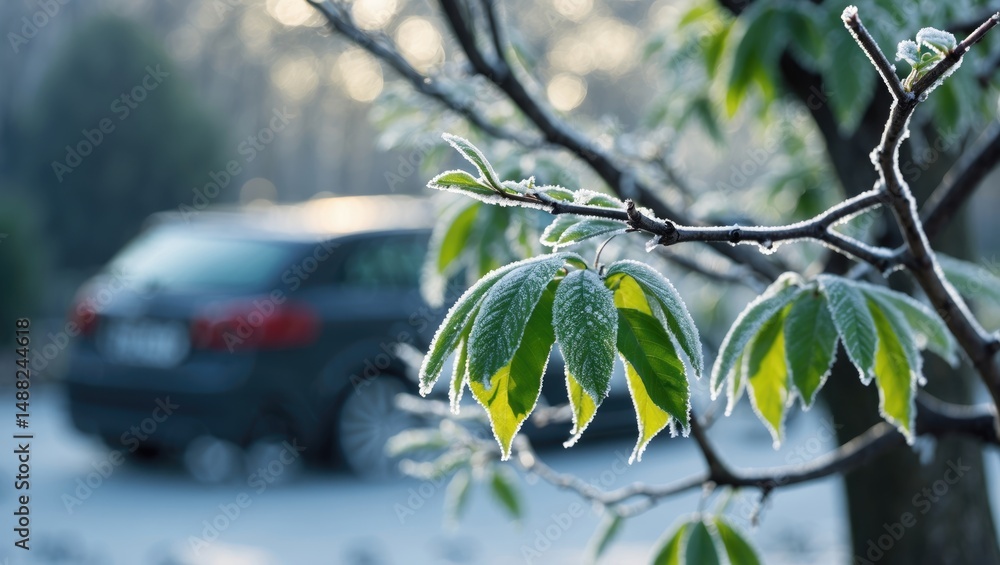 Poster intimate shot of branches and leaves blanketed in frost, highlighting the elaborate ice formations.