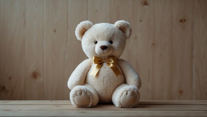 Small stuffed bear resting on a wooden background