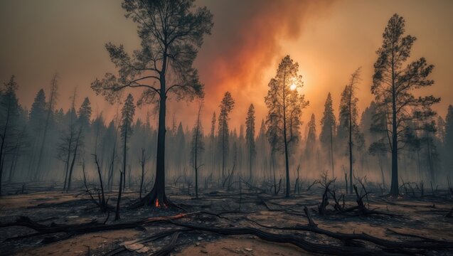 Scenery of a scorched forest featuring a few remaining trees.