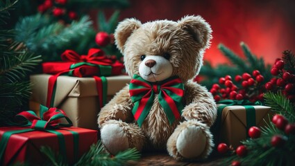 Seasonal Christmas embellishments showcasing a teddy bear and gift items