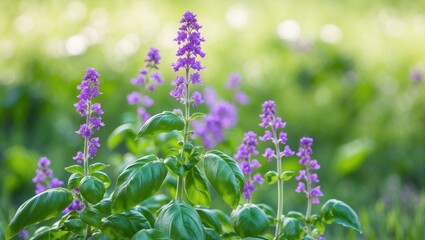 Fototapeta premium Close-up of purple-flowered basil plant in a natural garden environment