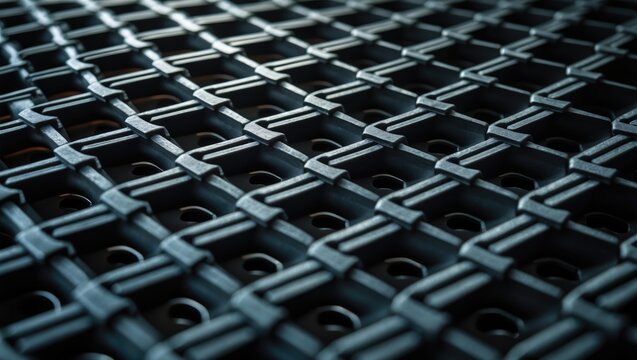 Textured background of black rubber mesh fiber, technological structure pattern.